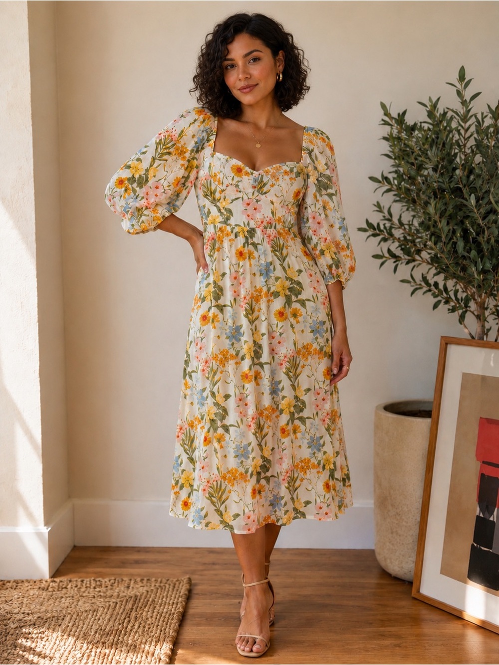 Sugarlips Floral Puff Sleeve Midi Dress Cottagecore Lined Smocked Size Small